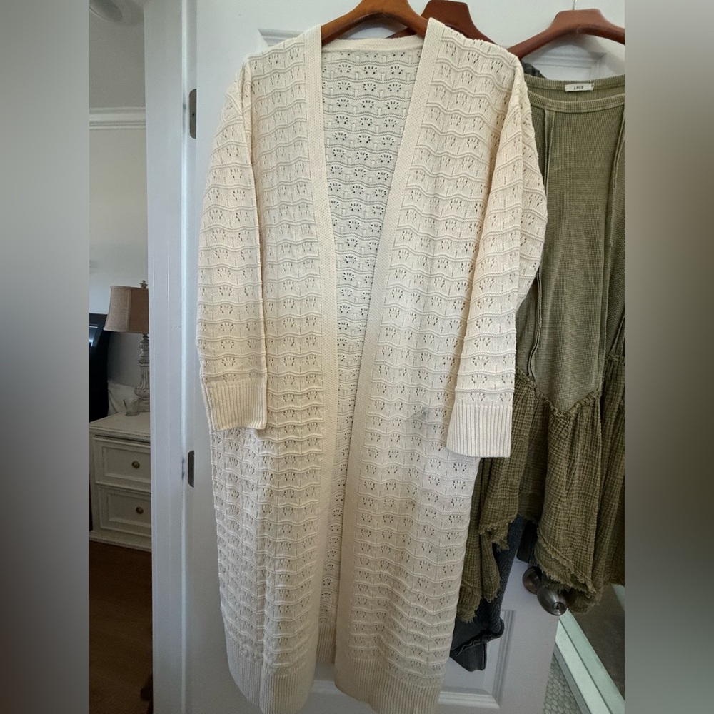 Open-Front Eyelet Knit Long Cardigan Sweater - Cream